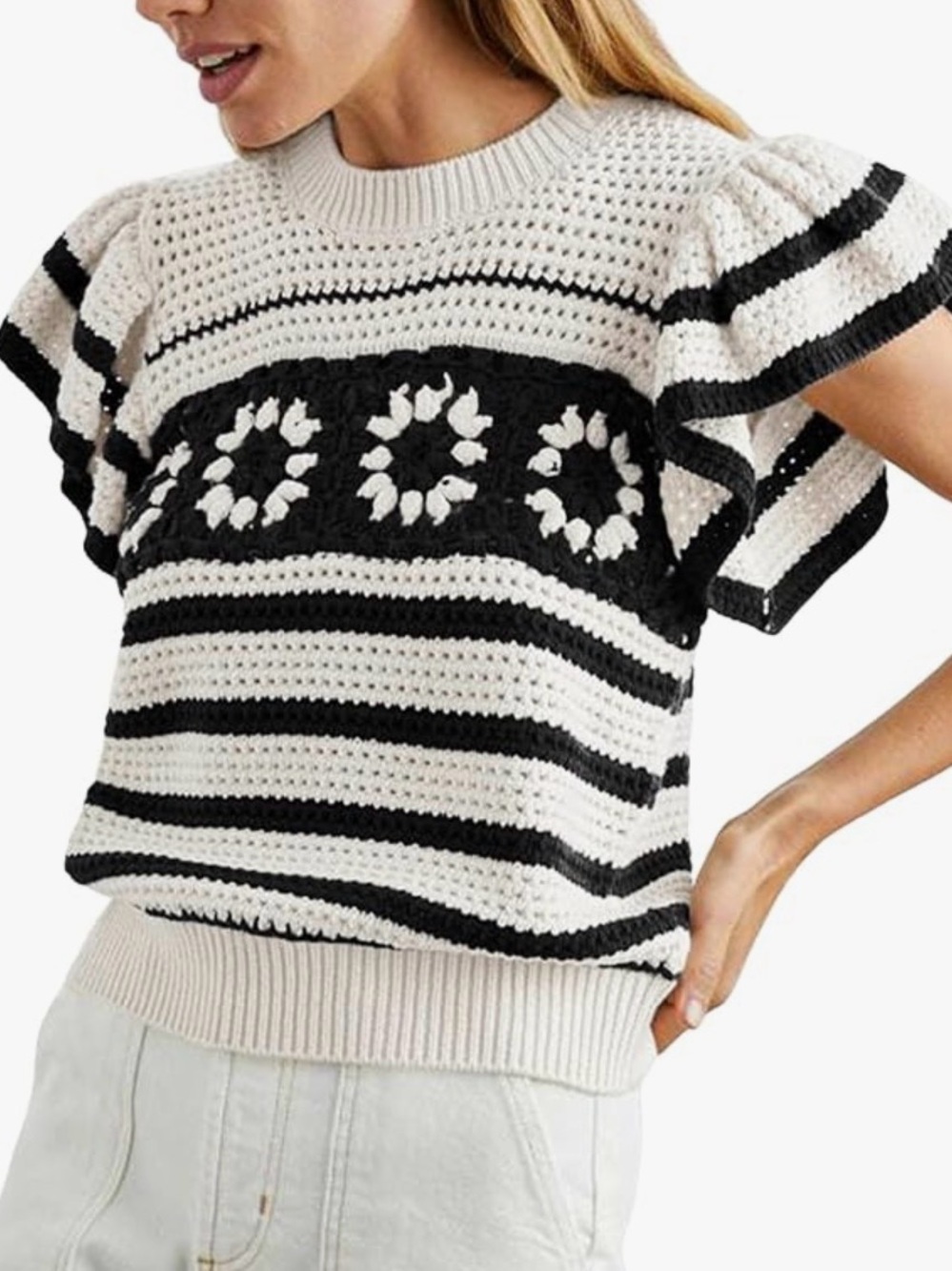 Women's Short Sleeve Crochet Knit Sweater - Black and White